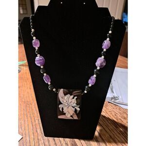 Vintage Lee Sands Mosaic Pendant Necklace Mother Pearl Gems Beaded 20” Statement